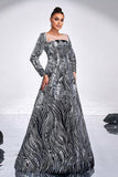 Noir Argent Floral Trapèze Illusion Col Manches Longues Robe Formelle