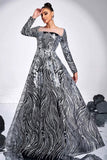 Noir Argent Floral Trapèze Illusion Col Manches Longues Robe Formelle