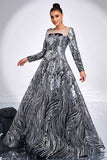 Noir Argent Floral Trapèze Illusion Col Manches Longues Robe Formelle