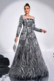 Noir Argent Floral Trapèze Illusion Col Manches Longues Robe Formelle