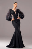 Sirène noire Puff Manches longues Col V Robe longue formelle avec appliques