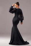 Sirène noire Puff Manches longues Col V Robe longue formelle avec appliques