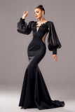 Sirène noire Puff Manches longues Col V Robe longue formelle avec appliques