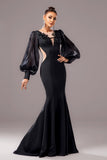 Sirène noire Puff Manches longues Col V Robe longue formelle avec appliques