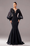 Sirène noire Puff Manches longues Col V Robe longue formelle avec appliques
