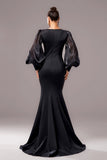 Sirène noire Puff Manches longues Col V Robe longue formelle avec appliques