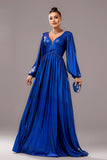 Bleu royal trapèze col en V manches longues plissé Robe longue formelle