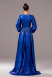 Bleu royal trapèze col en V manches longues plissé Robe longue formelle