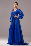 Bleu royal trapèze col en V manches longues plissé Robe longue formelle