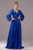 Bleu royal trapèze col en V manches longues plissé Robe longue formelle