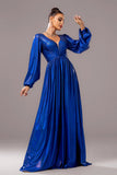 Bleu royal trapèze col en V manches longues plissé Robe longue formelle