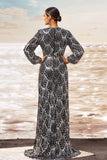 Noir Fourreau Argent Col V Manches Longues Robe Formelle Longue avec Fente