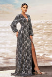 Noir Fourreau Argent Col V Manches Longues Robe Formelle Longue avec Fente