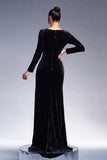 Sirène noire col en V manches longues Glands Velours Robe longue formelle avec fente
