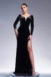Sirène noire col en V manches longues Glands Velours Robe longue formelle avec fente