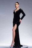 Sirène noire col en V manches longues Glands Velours Robe longue formelle avec fente