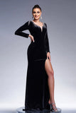 Sirène noire col en V manches longues Glands Velours Robe longue formelle avec fente