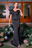 Col V Manches Courtes Noir Fourreau Robe de Bal avec Fente