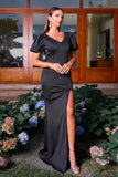 Col V Manches Courtes Noir Fourreau Robe de Bal avec Fente