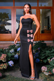 Noir sans bretelles gaine satin noeud robe de bal avec fente