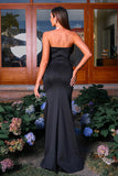 Noir sans bretelles gaine satin noeud robe de bal avec fente