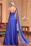 Bleu royal une épaule avec banderole une ligne froncée robe de demoiselle d’honneur longue