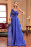 Bleu royal une épaule avec banderole une ligne froncée robe de demoiselle d’honneur longue