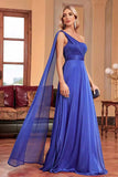Bleu royal une épaule avec banderole une ligne froncée robe de demoiselle d’honneur longue