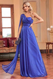 Bleu royal une épaule avec banderole une ligne froncée robe de demoiselle d’honneur longue