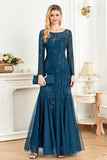 Appliques Bleu Encre Scintillant Perles Manches Longues Col Rond Robe Mère De La Mariée