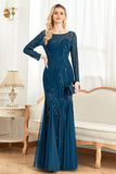 Appliques Bleu Encre Scintillant Perles Manches Longues Col Rond Robe Mère De La Mariée