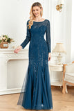 Appliques Bleu Encre Scintillant Perles Manches Longues Col Rond Robe Mère De La Mariée