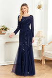 Appliques Bleu Encre Scintillant Perles Manches Longues Col Rond Robe Mère De La Mariée