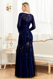 Appliques Bleu Encre Scintillant Perles Manches Longues Col Rond Robe Mère De La Mariée