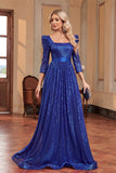 Bleu Royal A Ligne Paillettes Col Carré Longue Robe Mère De La Mariée