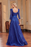 Bleu Royal A Ligne Paillettes Col Carré Longue Robe Mère De La Mariée