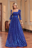 Bleu Royal A Ligne Paillettes Col Carré Longue Robe Mère De La Mariée