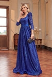 Bleu Royal A Ligne Paillettes Col Carré Longue Robe Mère De La Mariée