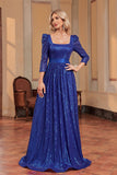 Bleu Royal A Ligne Paillettes Col Carré Longue Robe Mère De La Mariée