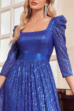 Bleu Royal A Ligne Paillettes Col Carré Longue Robe Mère De La Mariée