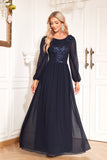 Bleu Marine Paillettes Manches Longues Une Ligne Tulle Longue Mère De La Mariée Robe