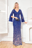 Robe de mère de mariée scintillante bleu royal à col en V avec manches longues