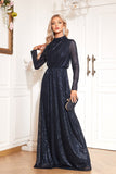 Robe de mère de mariée à manches longues scintillante bleu marine A