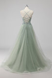 Robe de soirée en tulle à paillettes vertes avec lacets dans le dos