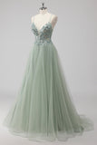 Robe de soirée en tulle à paillettes vertes avec lacets dans le dos