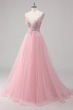 Robe de soirée longue en tulle à bretelles spaghetti rose A-ligne avec appliques à paillettes