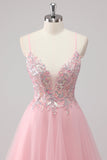 Robe de soirée longue en tulle à bretelles spaghetti rose A-ligne avec appliques à paillettes