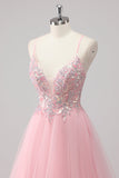 Robe de soirée longue en tulle à bretelles spaghetti rose A-ligne avec appliques à paillettes
