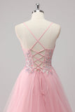 Robe de soirée longue en tulle à bretelles spaghetti rose A-ligne avec appliques à paillettes