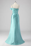 Robe longue de bal plissée à bretelles spaghetti fourreau bleu